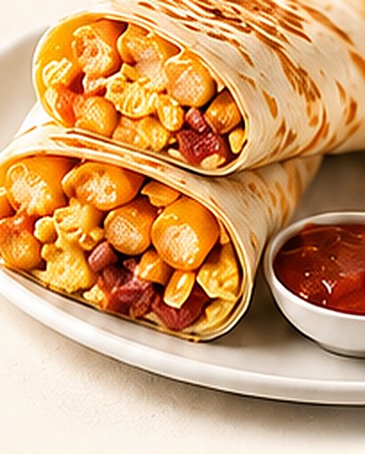 Breakfast burrito filled with scrambled eggs, tater tots and cheese, with a side of salsa