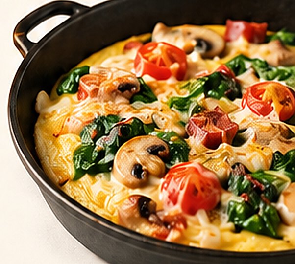 Loaded omelette with spinach, tomatoes and mushrooms in a cast-iron skillet