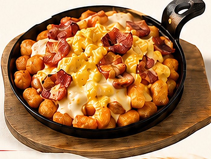 The Gigi Skillet — tater tots with homemade cheese sauce and bacon in a cast-iron skillet