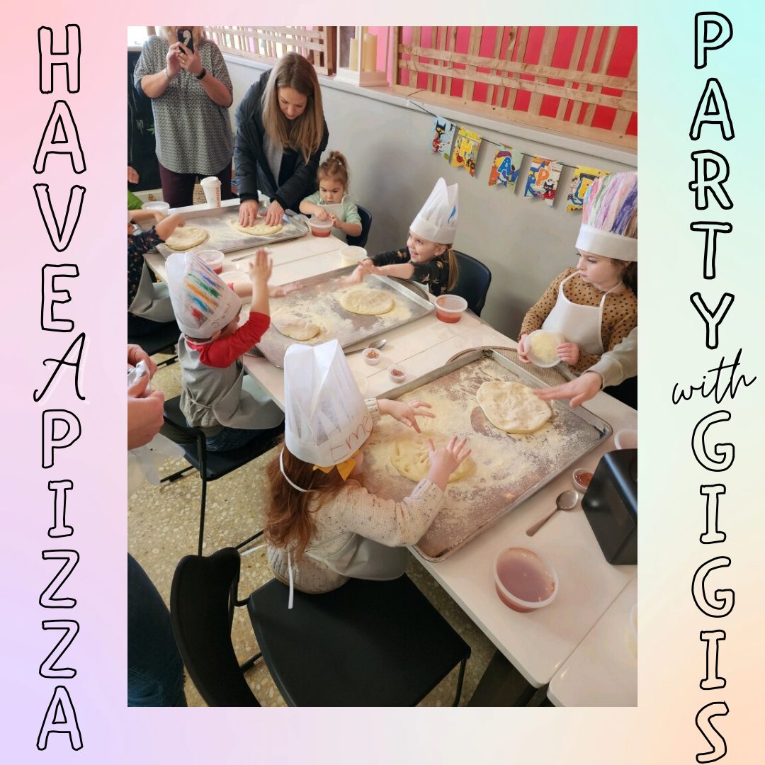 Kids in paper chef hats rolling out their own pizza dough at a Gigi's birthday party